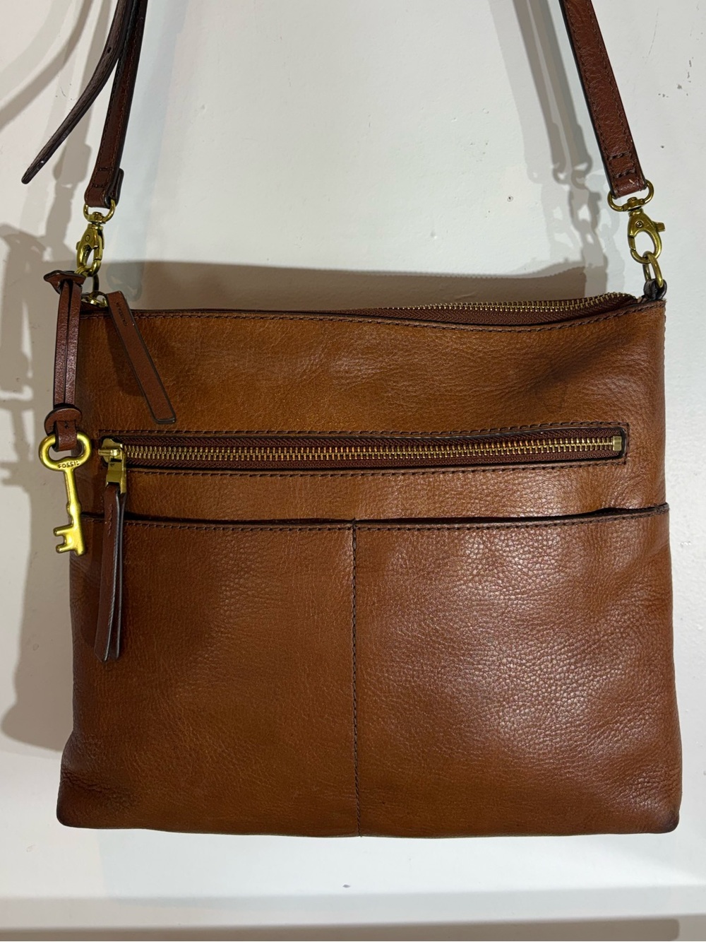 Fossil Brown Pebbled Leather Crossbody Bag Organizer Purse